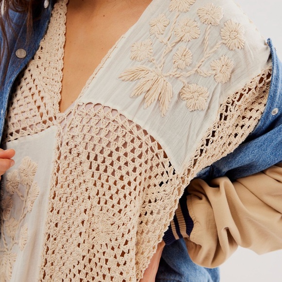 Free People Momo Love Story Crochet Kaftan Patchwork Floral Crochet Embroidery - Picture 3 of 6